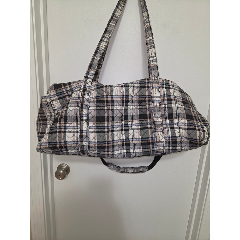 Vera Bradley Large Duffel Heritage Plaid Weekender Travel Bag Black Gray - Picture 7 of 9